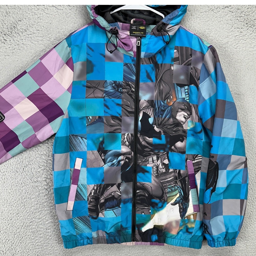 Batman Joker Mens Full Zip Hoodie Jacket Medium Blue‎ Purple Check Tango Hotel